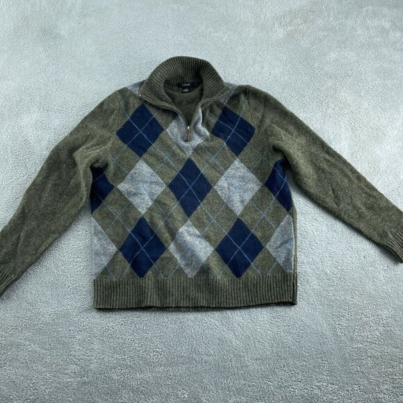 J.Crew Mens L Lambswool Argyle 1/4 Zip Sweater Olive & Navy Diamond Pattern 3618 - Picture 1 of 8